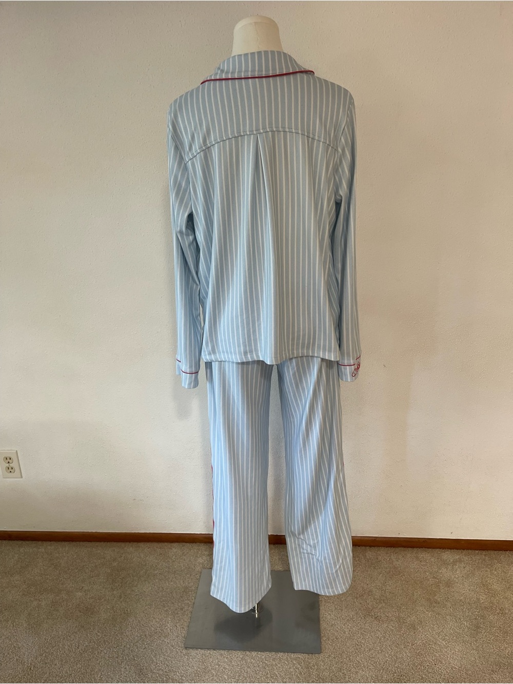 P.J. Salvage Light Blue and White Striped Pajama Set with Red Trim - Picture 4 of 15